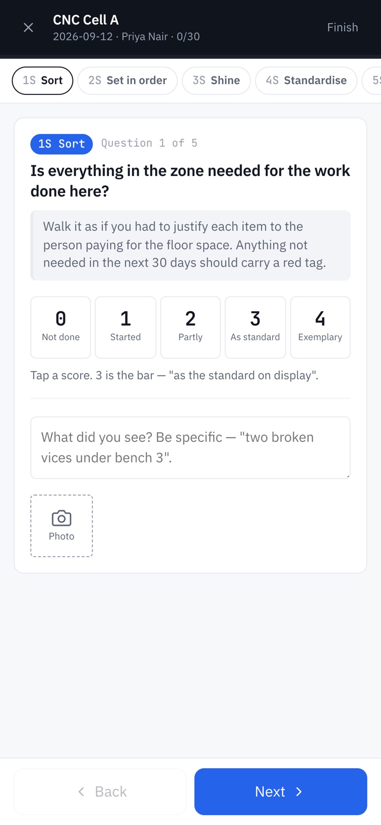 An audit question on a phone: the question, a hint, scores from 0 Not done to 4 Exemplary, a note field and a photo button.