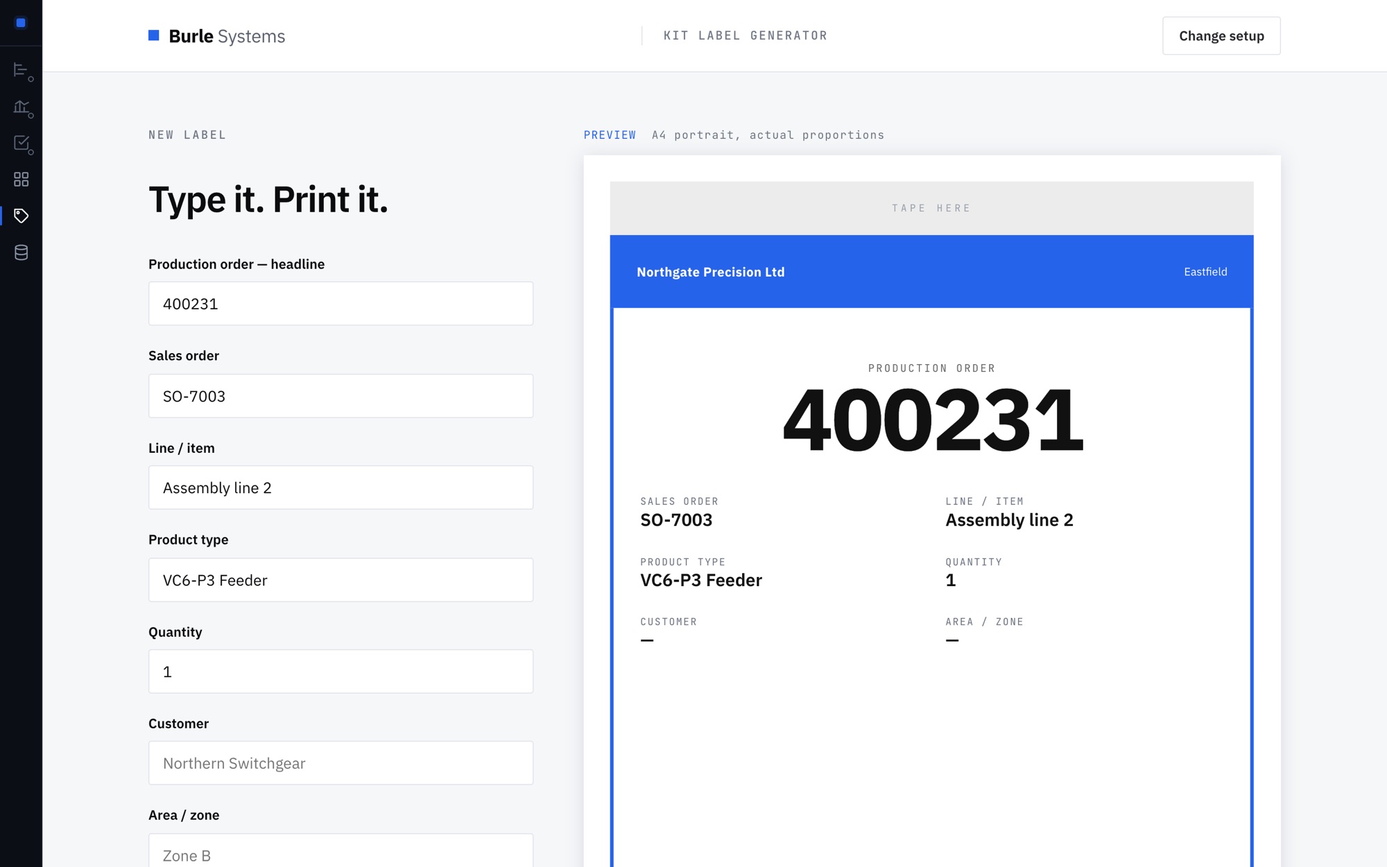 The Kit Label Generator: fields for production order, sales order, line, product type and quantity, beside a live preview of the A4 label.