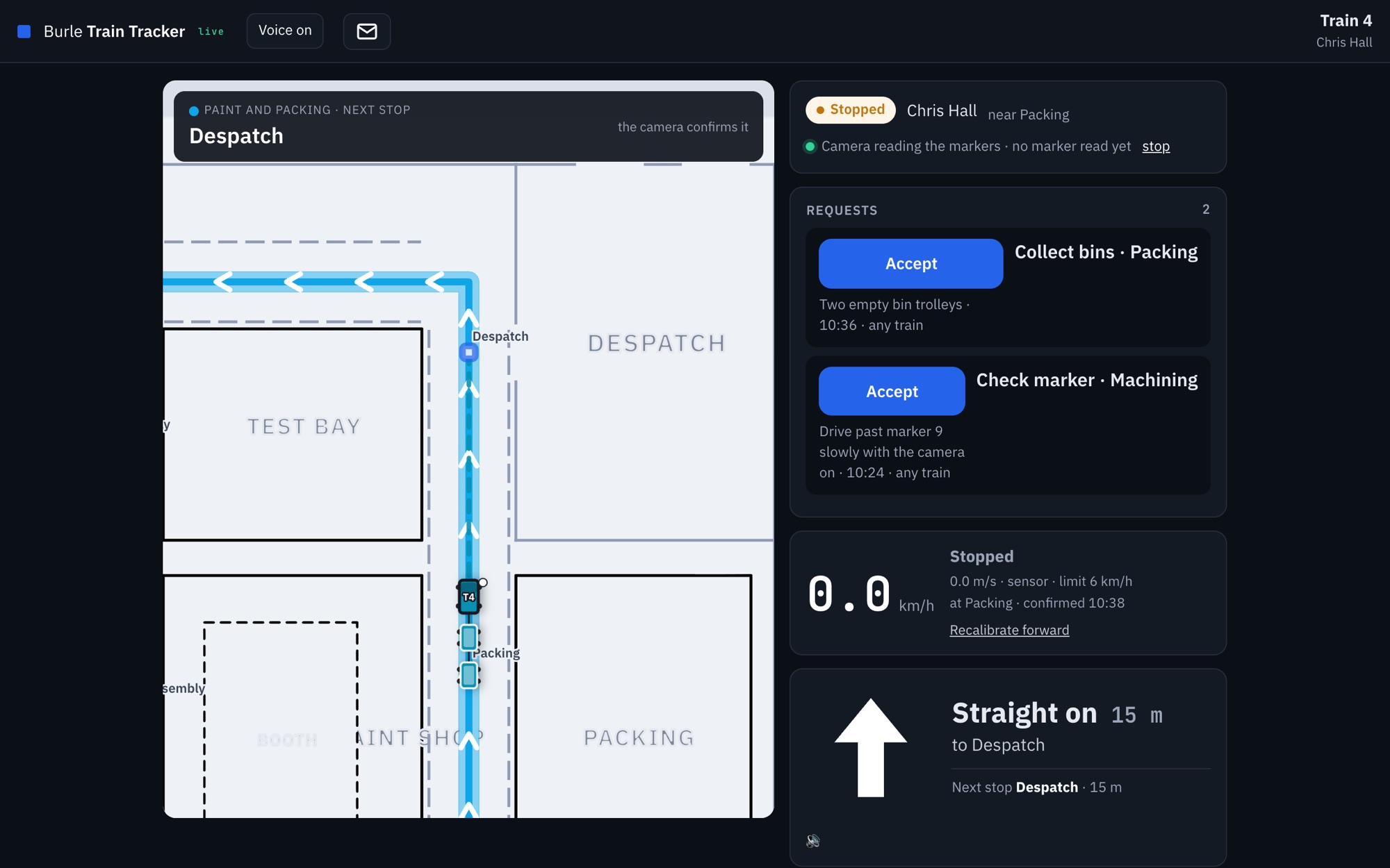 The tablet on the train: a map that turns with the train, showing it on its route ribbon, the next stop, the camera reading the markers, two requests from the desk with Accept buttons, the speed box standing at zero with a 6 km/h limit, and a large arrow for the way to the next stop.